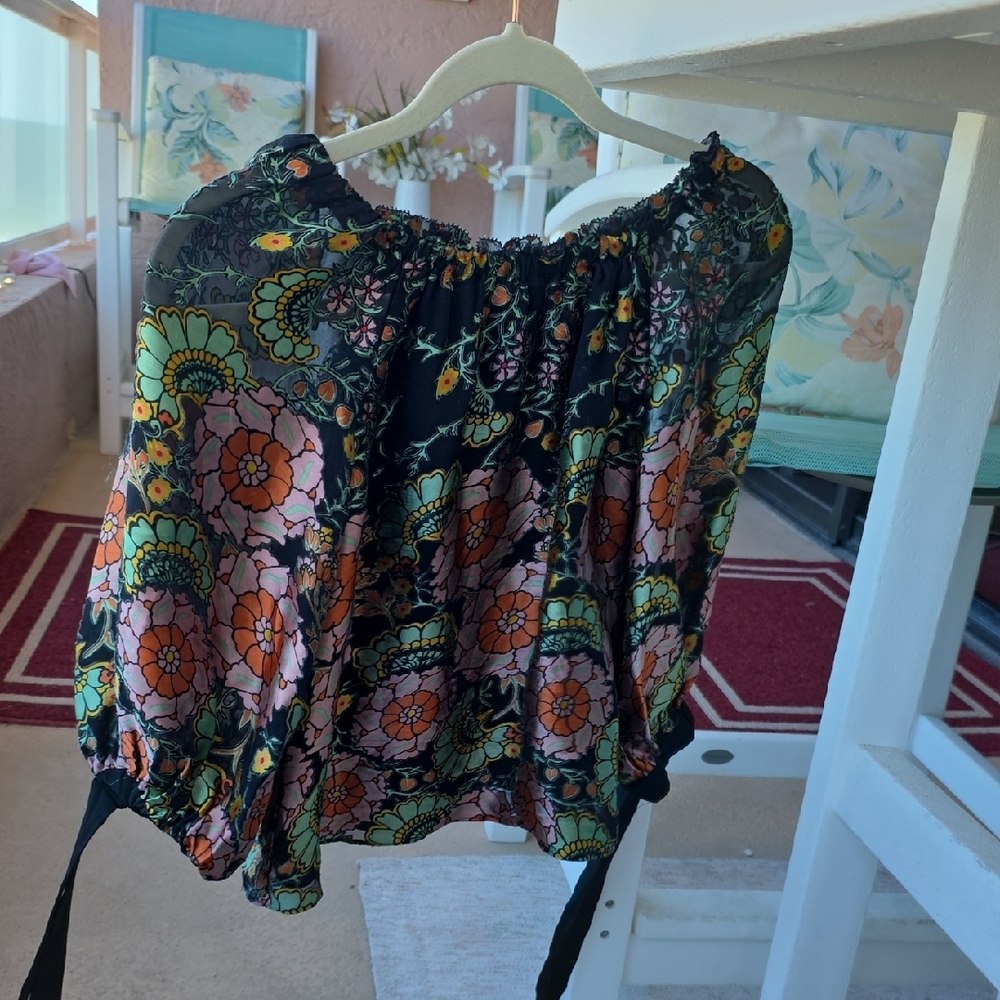 Alice + Olivia Silk Burnout Floral Off Shoulder Blouse 3/4 Sleeve W/ribbons